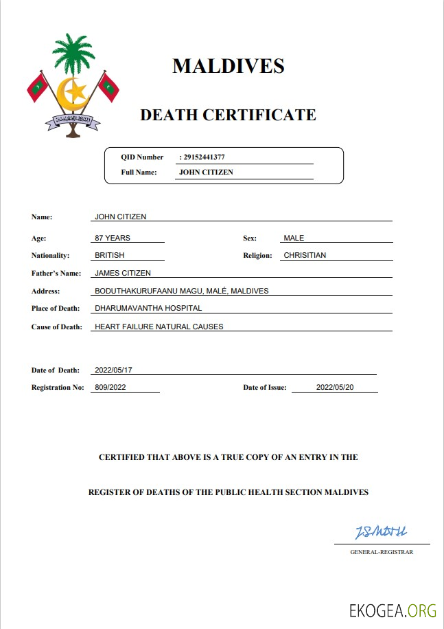 Modèle Word et PDF de certificat de décès de l'état civil des Maldives